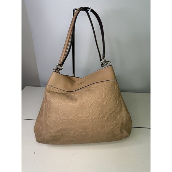 COACH Lexy Embossed Signature Vachetta Brown Leather Satchel Bag Purse - Picture 1 of 12